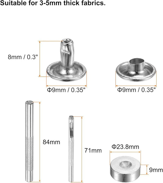 HARFINGTON 100 Sets Leather Rivets 8 x 9mm Metal Double Cap Rivet Snaps Studs Fasteners with 3pcs Setting Tools Rivets for Leather Craft DIY Repair Decoration, Silver Tone