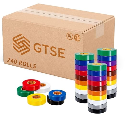 GTSE Mixed Colors Electrical Tape, 240-Pack – Waterproof, Industrial Grade Vinyl, 3/4 in x 66ft– Strong Self-Adhesive PVC Electric Tape for Wire Insulation, 7 Mil, 600V – UL/CSA Listed