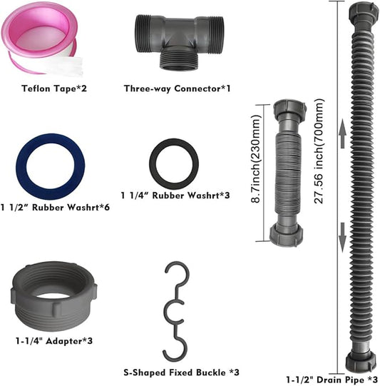 Flexible Expandable Double P-Trap Kit for 1 1/2" or 1 1/4" Double Bowl Sink Drain, Tube Pipes Kit Fit for Kitchen, Bathroom, Complete with Sealing Ring, Tape, and Tubing
