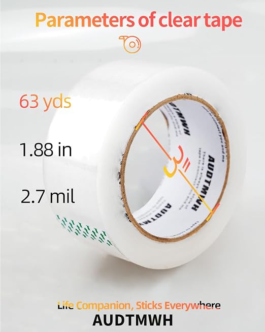 AUDTMWH Clear Packing Tape, Heavy Duty Packaging Tape Designed for Moving, Packing, Shipping and Mailing, 1.88" x 63 yds, 6 Rolls