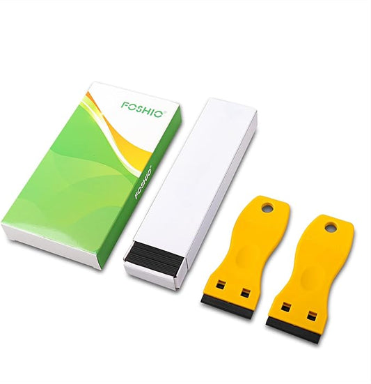 FOSHIO 2PCS Plastic Razor Blade Scraper Tool and 100PCS Plastic Blades for Gasket Remover, Sticker Remover, Labels Decal and Adhesive Remover for Windows and Glass (Yellow)