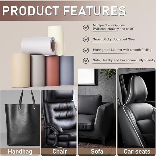 Self Adhesive Leather Repair Patch Kit, 4" x 63" Large Vinyl Leather Repair Tape for Furniture, Car Seat, Couch, Sofa, Chair Smooth Black