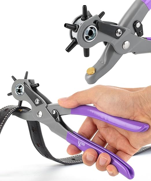UNCO- Leather Hole Punch Tool, Multi Hole Sizes for Belts and Leather, Belt Hole Puncher, Purple Handle