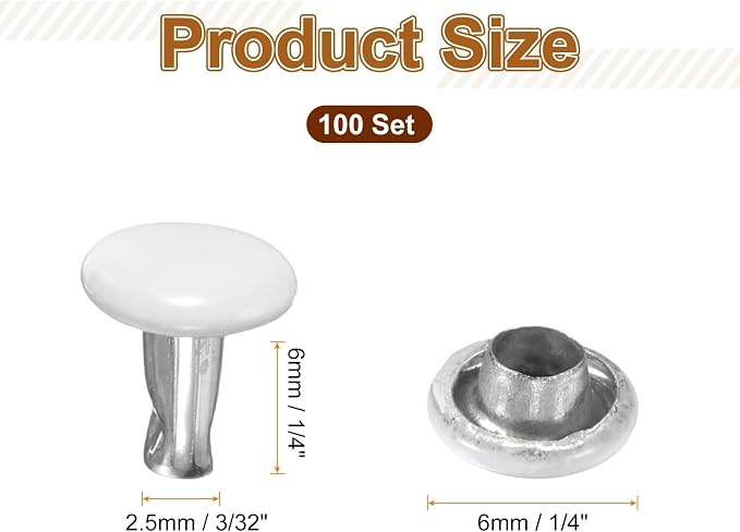 HARFINGTON 100 Sets Double Cap Leather Rivets, 6x6mm Round Cap Tubular Metal Studs Leather Crafting Rivets for Fabric Belt Pet Collar Boot Bag Repair and Decoration, White
