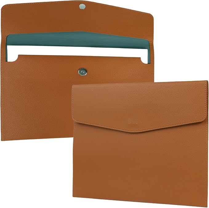 MultiBey PU Leather A4 Document Holder File Organizer with Snap Closure, Waterproof/Water‑Resistant A4 & Letter Size Envelope Folder 13 x 9.5 in - Holds up to 100 Sheets (Brown)