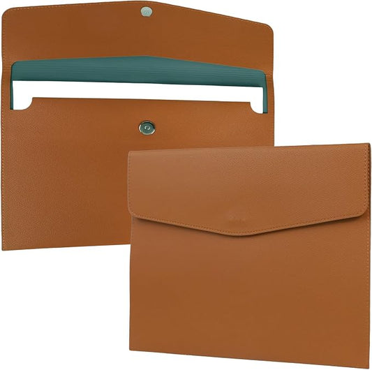 MultiBey PU Leather A4 Document Holder File Organizer with Snap Closure, Waterproof/Water‑Resistant A4 & Letter Size Envelope Folder 13 x 9.5 in - Holds up to 100 Sheets (Brown)