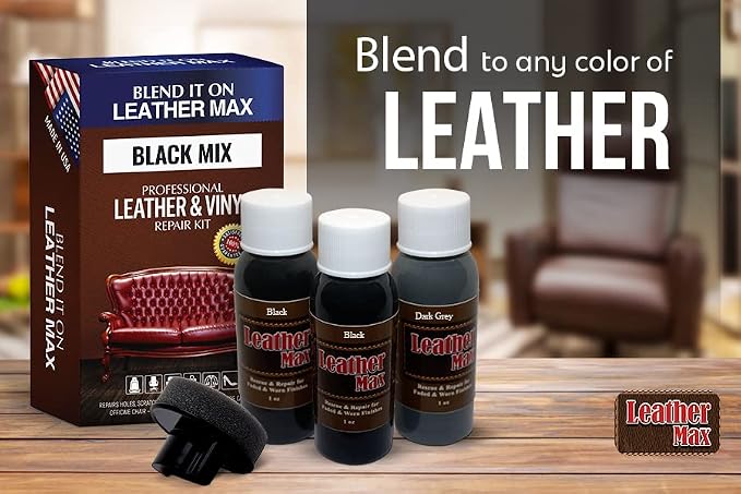 Blend It On Leater Max Black Mix Leather Repair Kit for Couches - Vinyl & Upholstery Repair Kit for Car Seats, Sofa & Furniture - Liquid Scratch Filler Formula Repairs Couch Tears & Burn