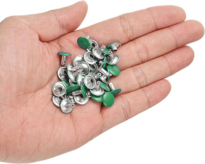 HARFINGTON 100 Sets Double Cap Leather Rivets, 10x10mm Round Cap Tubular Metal Studs Leather Crafting Rivets for Fabric Belt Pet Collar Boot Bag Repair and Decoration, Green