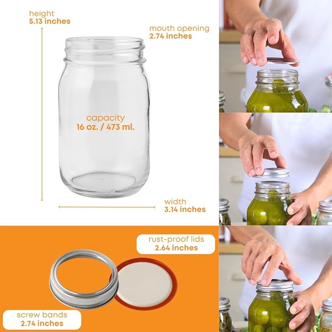 FastRack Regular Mouth Glass Mason Jars with Metal Airtight Lids | 16 oz - Pack of 8 | Large Glass Jars for Food Storage with Lids | Ideal for Canning, Fermentation, Pickling, Kombucha Brewing