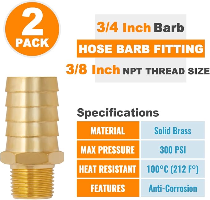 SUNGATOR Hose Barb Fittings 3/4 Inch Barb × 3/8 Inch NPT, Brass Air Hose Fittings, 3/4" to 3/8" NPT Male Air Line Repair Connector Kit, Brass Male Thread Pipe Adapter (2 Pack)