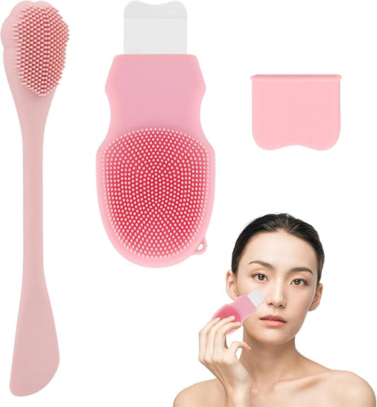 Blackhead Remover Tool for Face and Nose, 2 in 1 Silicone Face Cleansing Brush and Stainless Steel Blackhead Scraper Spatula, Mask Applicator for Men and Women(Pink)
