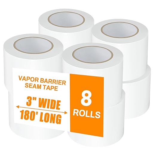 Vapor Barrier Tape, High-Adhesion Waterproof Seam Tape, Insulation Tape 3" Wide x 180' Long, PE Seal Tape 9 mm, for Crawlspaces Barriers Seal and Seam Insulation Repairs & Plastic Liners, 8 Roll
