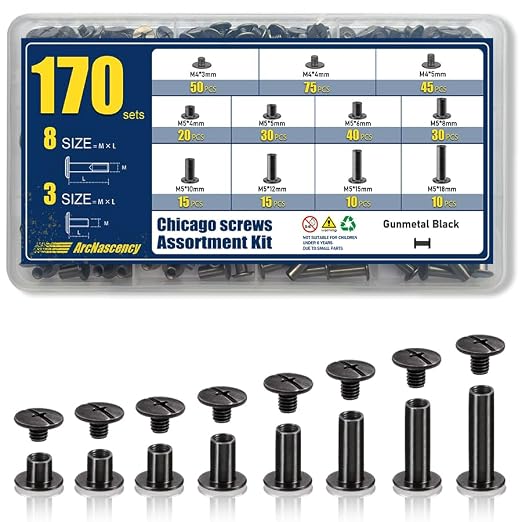 170 Sets Gunmetal Black Chicago Screws Leather Rivets Kit, 8 Sizes (M5*4,5,6,8,10,12,15,18) & 3 Screw Lengths (M4*3,4,5) for Belts, Bookbinding, DIY Leather (Gunmetal Black)