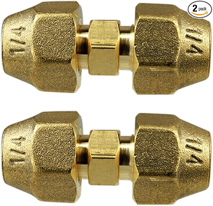 2 Pieces AC Copper Pipe Extension Joint Connectors 1/4" Brass Flare Fitting Nuts Butt Copper Tube Fitting with Flare Nut