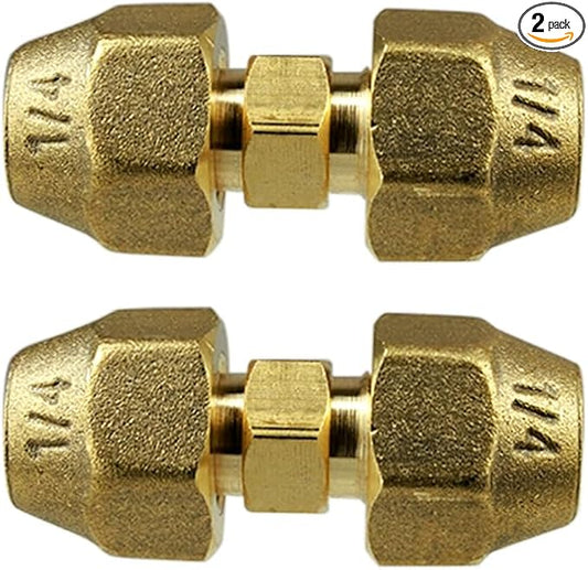 2 Pieces AC Copper Pipe Extension Joint Connectors 1/4" Brass Flare Fitting Nuts Butt Copper Tube Fitting with Flare Nut