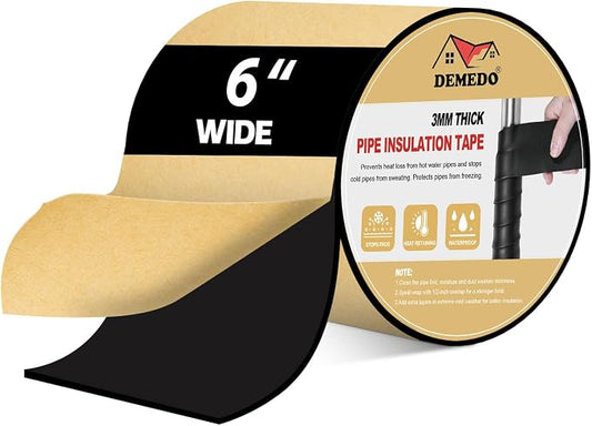 DEMEDO Pipe Insulation Tape, Pipe Wrap Insulation Foam Tape Self Adhesive, Outdoor Water Pipe Insulation Roll for HVAC, AC Line Insulation, 6 inch x 16.5 FT Heat Tape for Water Pipe, Black
