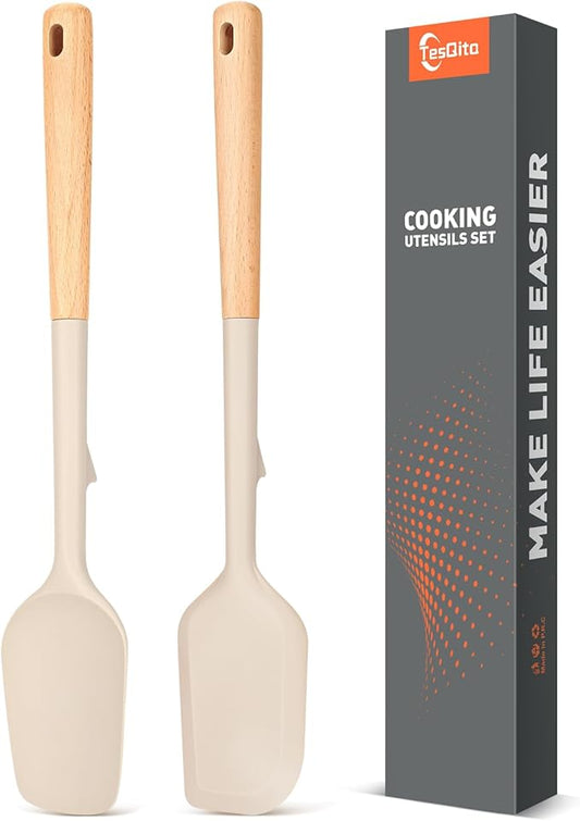 Large Silicone Rubber Spatula Scrapers 14" with Long Wood Handle,Heat Resistant,Durable, Essential Baking Tools for Mixing, Folding, Scraping,Spreading for Nonstick Cookwares,Pack of 2 (Khaki)