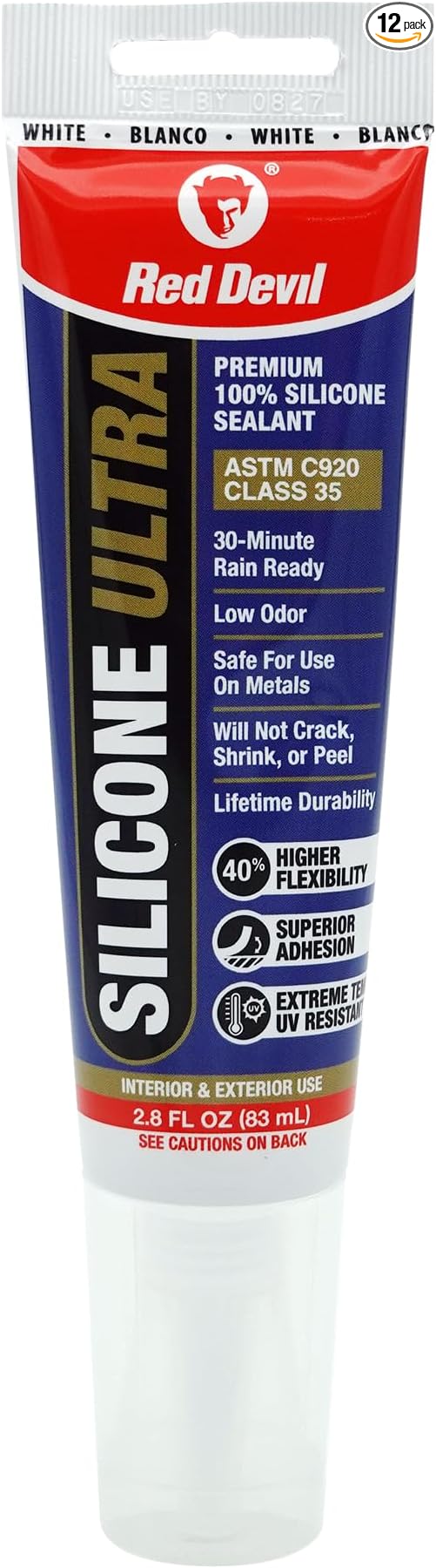 Red Devil 0785 Silicone Ultra 100% RTV Silicone Sealant, 2.8 oz. Tube, White, 12 Pack