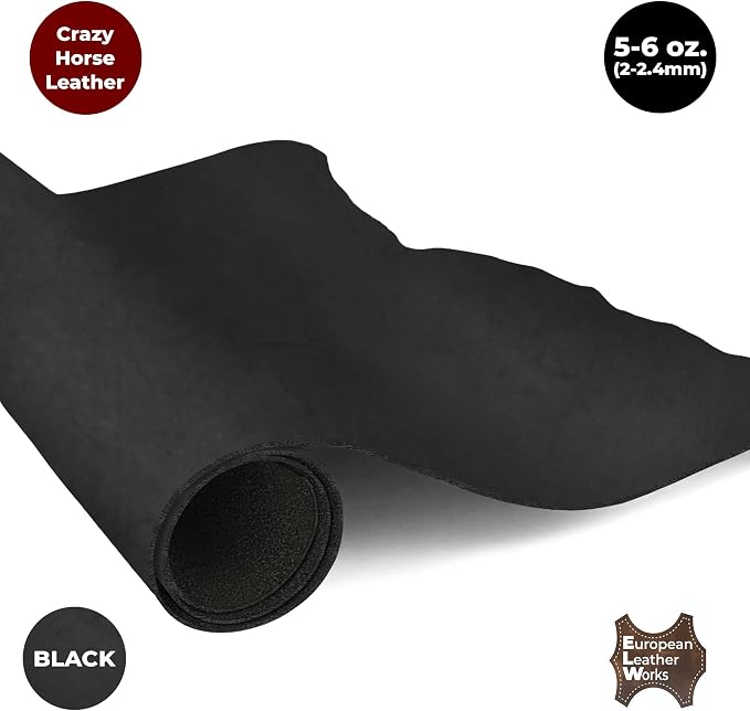 ELW Crazy Horse Leather 5-6 OZ (2-2.4mm) | Black | Pre-Cut 12"x12" 2 PCS | Full Grain Cowhide Handmade Leather for DIY, Crafts, Sheaths, Sewing, Workshop