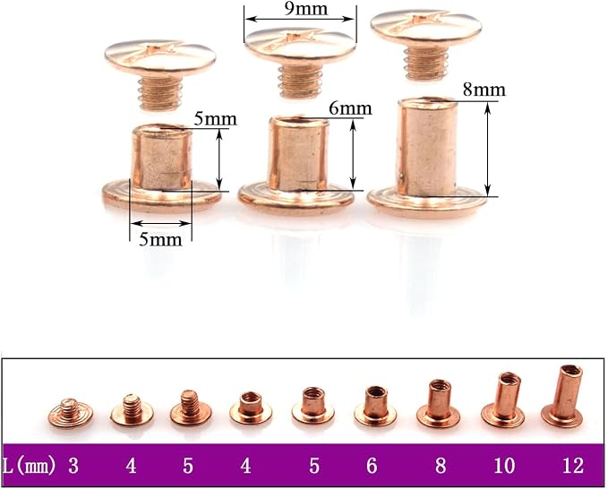90 Sets Rose Gold Chicago Screws Leather Assorted Kit ，6 Sizes of Screw Rivets for Leather Rivet for DIY Leather Craft and Bookbinding (M5 X 4, 5, 6, 8, 10, 12)