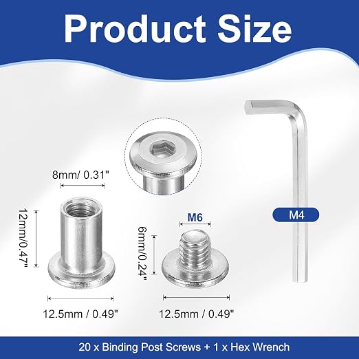 PATIKIL M6x6mm Hex Chicago Screws 8x12mm, 20Pcs 304 Stainless Steel Metric Hex Drive Socket Cap Binding Post Screw Posts for Scrapbook Leather Belt Album Furniture Repair, Silver