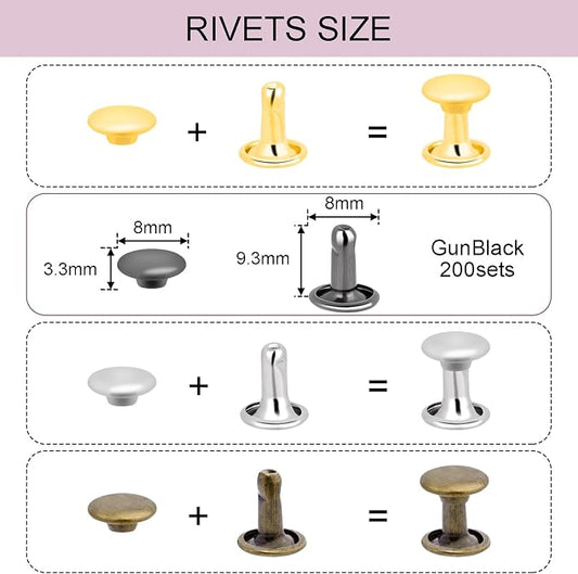 200Sets 8mm Round Double Caps Leather Rivets Metal Tubular Studs for Bags Hats Shoes Clothing Leather DIY Craft Repair and Decoration (Black)
