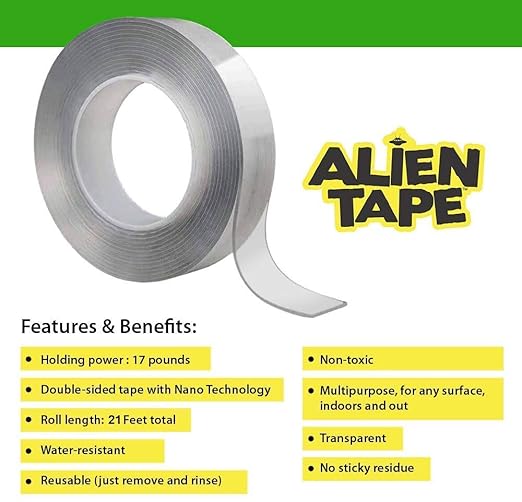 ALIEN TAPE Nano Double Sided Tape, 21-ft Multipurpose Removable Adhesive Transparent, Grip Mounting Washable Strong Sticky Heavy Duty for Carpet Photo Frame Poster Décor - As Seen On TV