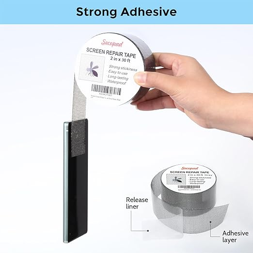 Secopad Grey Window Screen Repair Tape, 2IN X 30FT (360IN) Screen Repair Kit for Windows or Doors, Strong Adhesive Patch Kit Fiberglass Mesh Tape (Pack of 2)