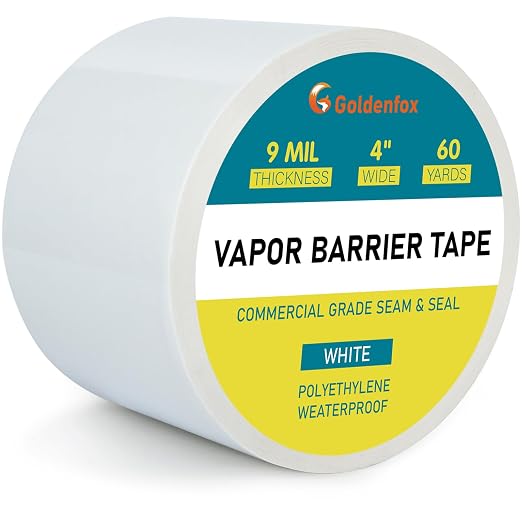Golden Fox Vapor Barrier Tape, 4'' x 180' Roll, 9 Mil White Polyethylene Moisture and Vapor Barrier Seam Tape for Crawl Spaces, Marine Use, Insulation Tape, Underlayment & More, Waterproofing,1 Pack
