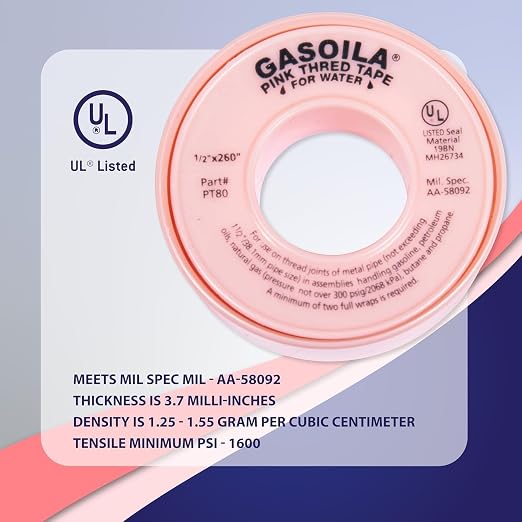 Gasoila Pink PTFE Thread Seal Tape – Professional-Grade, 1/2 Inch x 260 Inch, High-Density Thread Tape for Water Lines – Leak-Proof Seal, Non-Toxic (Pack of 24)