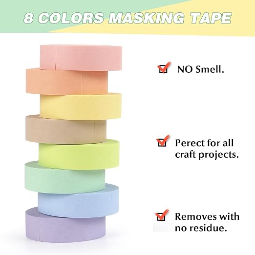 Hutou 8 Rolls Washi Tape Colored Masking Tape 1/2 Inch, Pastel Colors | Rainbow Colors Painters Tape Colorful Craft Art Paper Tape Labeling DIY Decorative Coding Teaching Supplies