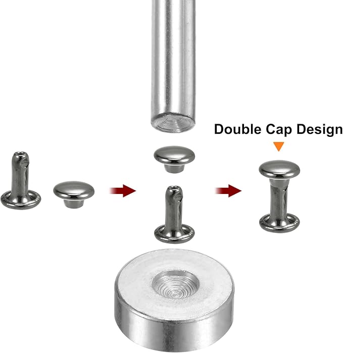 HARFINGTON 100 Sets Leather Rivets 8 x 6mm Metal Double Cap Rivet Snaps Studs Fasteners with 3pcs Setting Tools Rivets for Leather Craft DIY Repair Decoration, Gunmetal