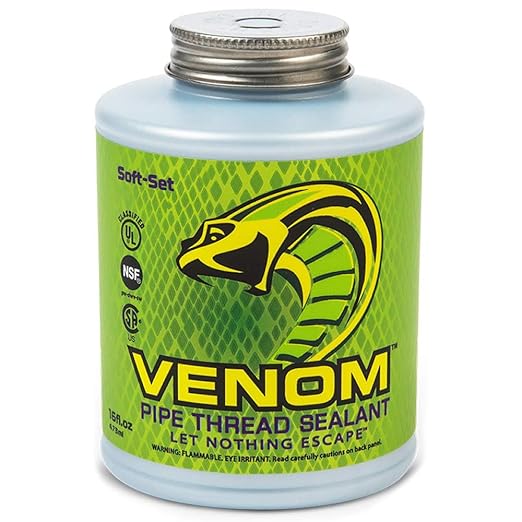 Venom Pro-Grade Pipe Thread Sealant, Soft-Set, High Viscosity, Low Odor, for All Piping Types, 16 fl. oz. Bottle with Brush Cap, Ideal for Gas, Water, Oil, Extreme Temps, 10,000 PSI Liquids