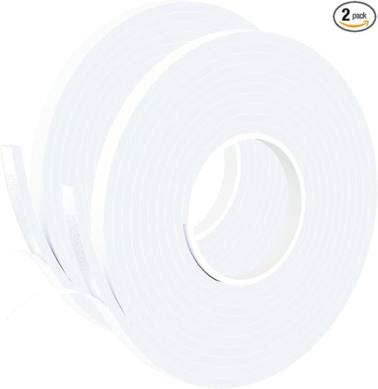1/2 Inch W x 1/4 Inch T EVA Foam Weather Stripping Tape,Self-Adhesive Seal Tape for Doors & Windows-Draft Blocker,Soundproofing,Waterproof Insulation Foam,2 Rolls Total 33FT White