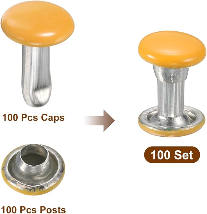 HARFINGTON 100 Sets Double Cap Leather Rivets, 6x8mm Round Cap Tubular Metal Studs Leather Crafting Rivets for Fabric Belt Pet Collar Boot Bag Repair and Decoration, Yellow