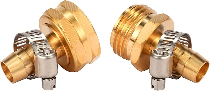 Brass Garden Hose Connector Repair Mender Kit with Stainless Clamp,Fits 1/2" Water Hose Fitting,2 Sets(1/2" Barb x 3/4" GHT)
