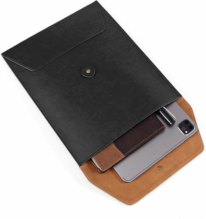 Leather File Folder for Documents,Important Document Folder with String Tie,Laptop Sleeve Notebook Case,Leather File Organizer,A4 Envelopes Filing Folder (Vertical, Black)