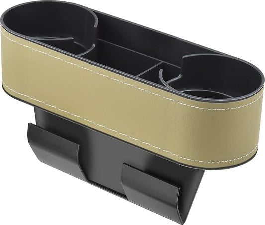 IOKONE Car Cup Holder, Auto Front Seat Organizer, Multifunctional Cup Drink Holders with PU Leather Cover, Gap Filler Storage Box Coin Bucket Console Side Pocket Cell Mobile Phone Holder(Slim-Beige)