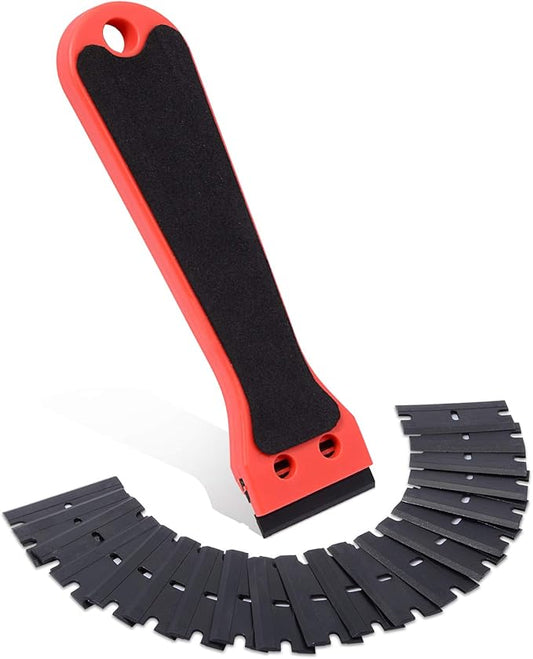 FOSHIO 6 Inch Plastic Scraper with 20 PCS Plastic Razor Blades, Scraper Tool for Sticker, Gasket, Label Remover (Red)