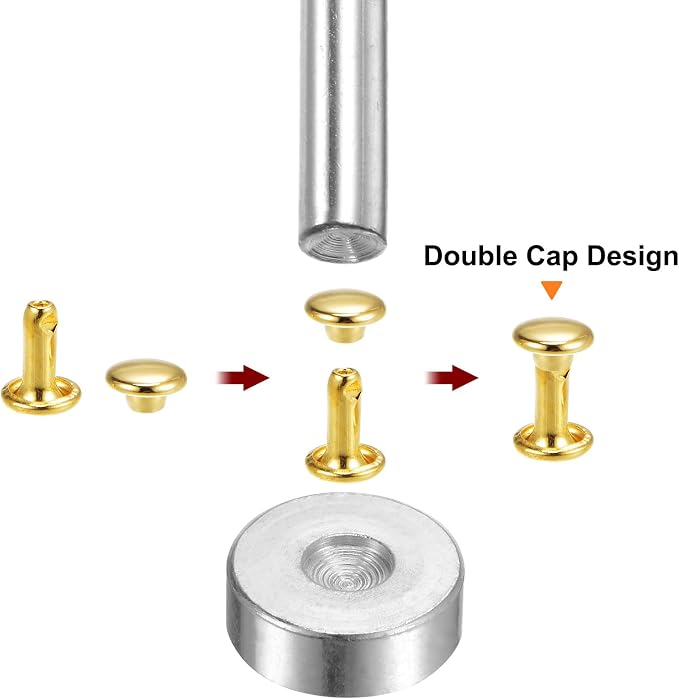 HARFINGTON 100 Sets Leather Rivets 8 x 6mm Metal Double Cap Rivet Snaps Studs Fasteners with 3pcs Setting Tools Rivets for Leather Craft DIY Repair Decoration, Gold Tone