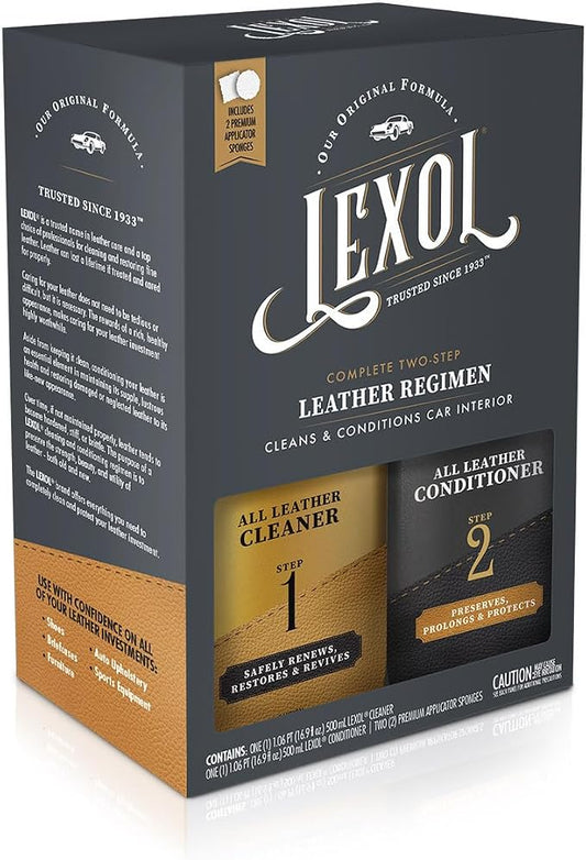 Lexol Leather Conditioner & Cleaner Kit - Premium 2-Step Leather Care for Car Interiors, Furniture, Shoes & Handbags, Includes 2 Sponges, Gift for leather lovers (16 oz Each)