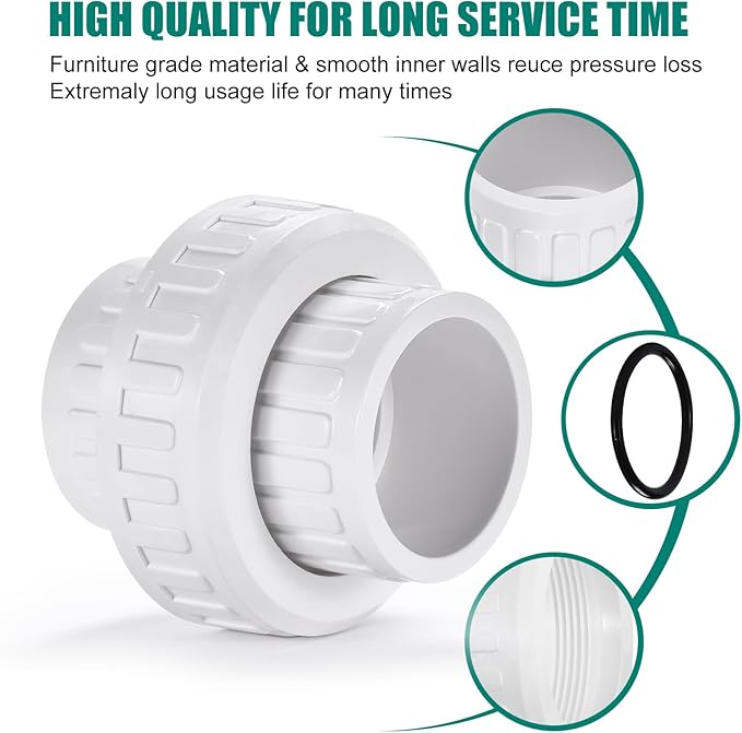 VYH 3/4" PVC Union Coupling Pipe Fitting (Socket x Socket) 3/4" PVC Slip Union PVC Adapter Coupling Schedule 40, EPDM O-Ring, White （2 Pack）