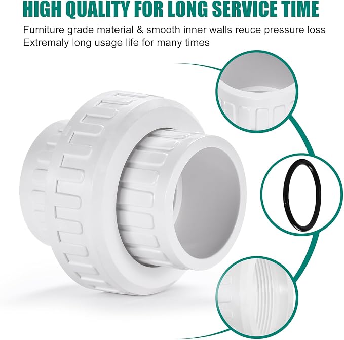 VYH 1-1/2" PVC Union Coupling Pipe Fitting,1-1/2" PVC Slip Union Schedule 40, PVC Adapter(Socket x Socket), built-in EPDM O-Ring, White (2 Pack ）