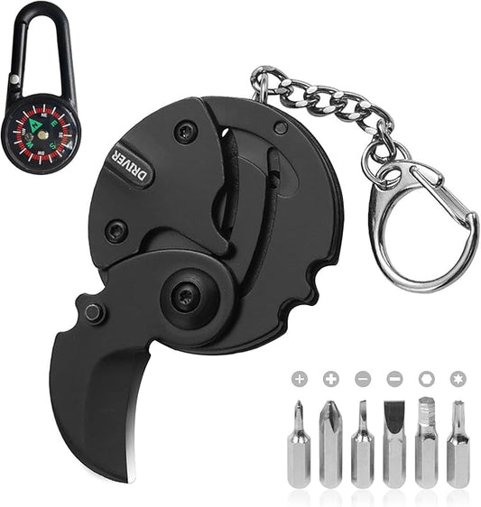 7-in-1 mini outdoor folding multifunctional tool - Small EDC Multitool with Screwdriver Set - portable pocket pendant -Compact Manual Tool (Black stainless steel)