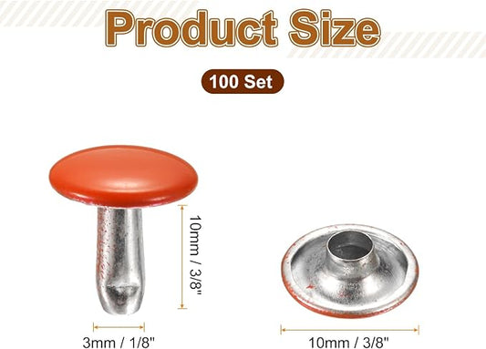 HARFINGTON 100 Sets Double Cap Leather Rivets, 10x10mm Round Cap Tubular Metal Studs Leather Crafting Rivets for Fabric Belt Pet Collar Boot Bag Repair and Decoration, Orange