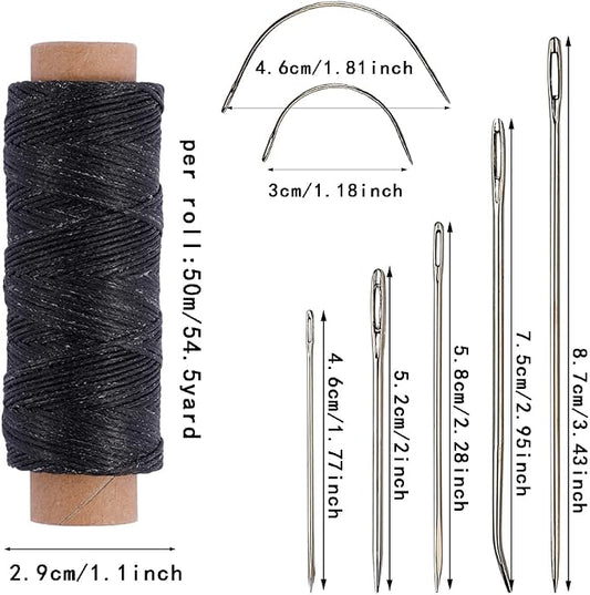 55Yards Waxed Thread with 7 Pcs Leather Needles for Hand Sewing 150D Flat Sewing Waxed Thread Leather Repair Needles for Women Sewing Upholstery Leather Canvas Bags Sofa Furniture