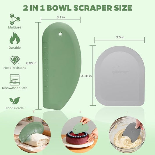 Bowl Scraper Dough Scraper Tool - Set of 2 Silicone Bench Scraper for Baking, Kitchen Pastry Scraper for Bread, Cake, Batter, cheese, Cream, Honey, Jam, Food Scraper with Curved Edge, Green & Grey