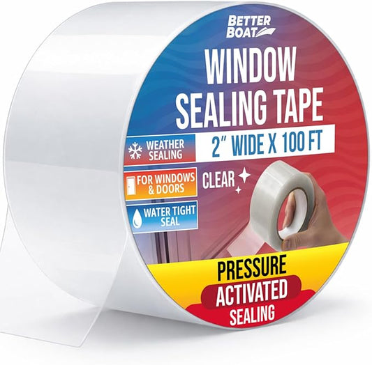 Window Sealing Tape Clear 2 Inch x 100 FT, Weather Seal for Windows, Doors and AC Units, Waterproof UV Resistant, Damage-Free Removal - Better Boat
