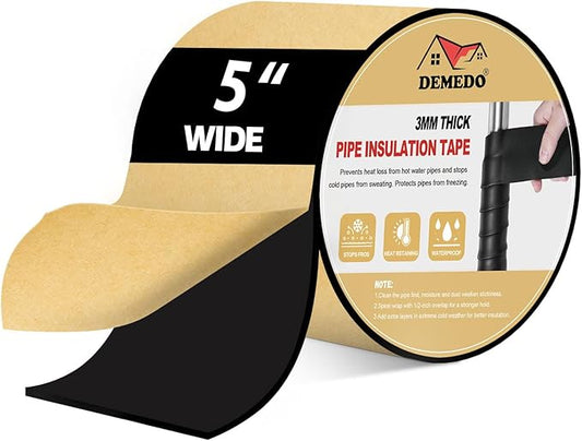 DEMEDO Pipe Insulation Tape, Pipe Wrap Insulation Foam Tape Self Adhesive, Outdoor Water Pipe Insulation Roll for HVAC, AC Line Insulation, 5 inch x 16.5 FT Heat Tape for Water Pipe, Black
