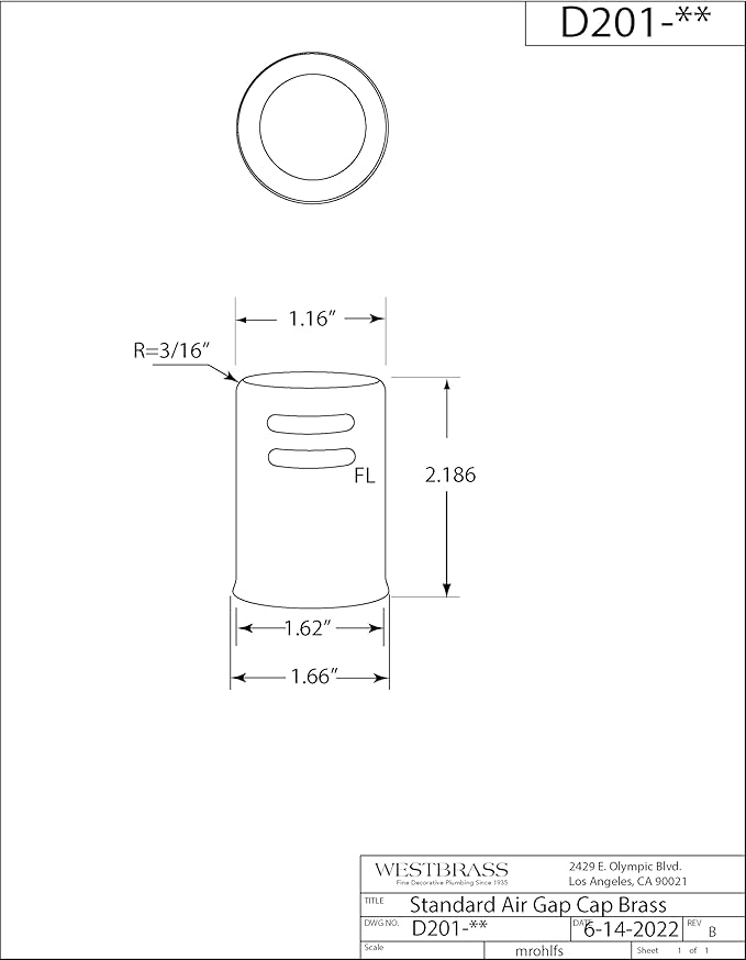 Westbrass D201-100-11 1-5/8" x 2-1/4" Solid Brass Air Gap Cap Only, Non-Skirted, Antique Copper (100-Pack)